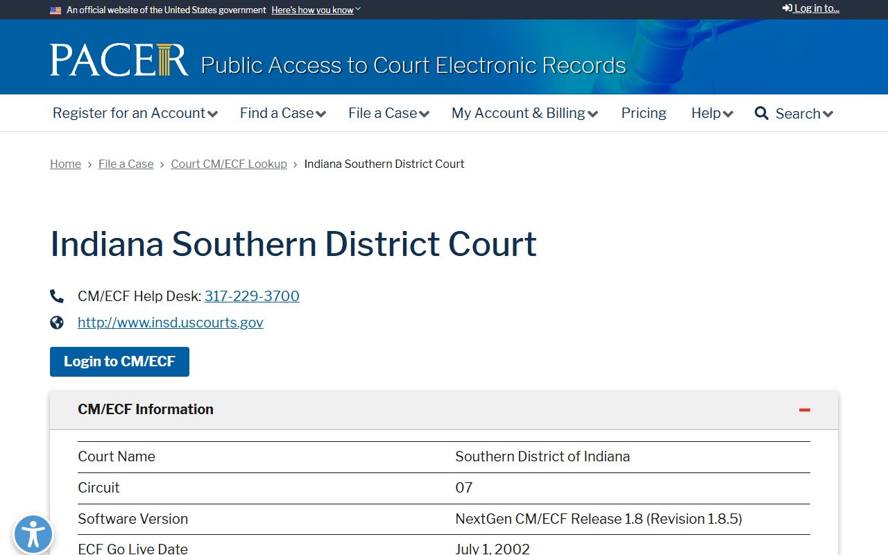 Daviess County court dockets PACER lookup for Southern District of Indiana
