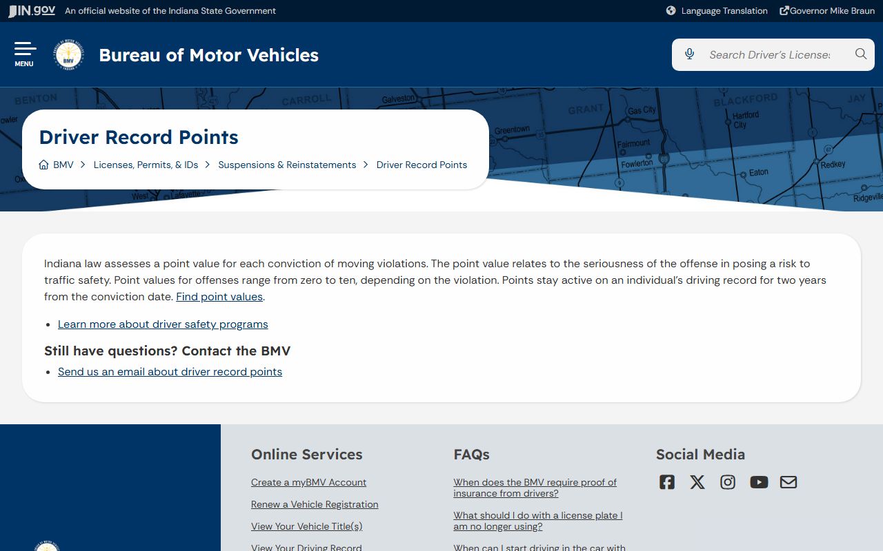 Daviess County traffic court records Indiana BMV driver points source